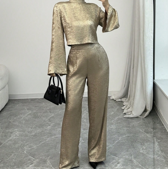 Pants - Women Gold Foil Elegant Party Wide Leg Pants & Cropped Top 2pcs Out